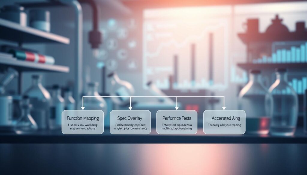 A detailed illustration depicting the steps of the technical equivalency process. In the foreground, showcase a clear flowchart with labeled sections for "Function Mapping," "Spec Overlay," "Performance Tests," and "Accelerated Aging," designed in a sleek, modern style. The middle ground should feature subtle representations of chemical compounds and laboratory equipment, emphasizing a scientific environment. The background should include a digital representation of data analytics, such as graphs and charts, reflecting a tech-focused atmosphere. Use soft, ambient lighting to create a professional and clean look, and employ a slight depth of field to enhance focus on the flowchart. The overall mood should convey innovation and precision in chemical engineering. No people are included.
