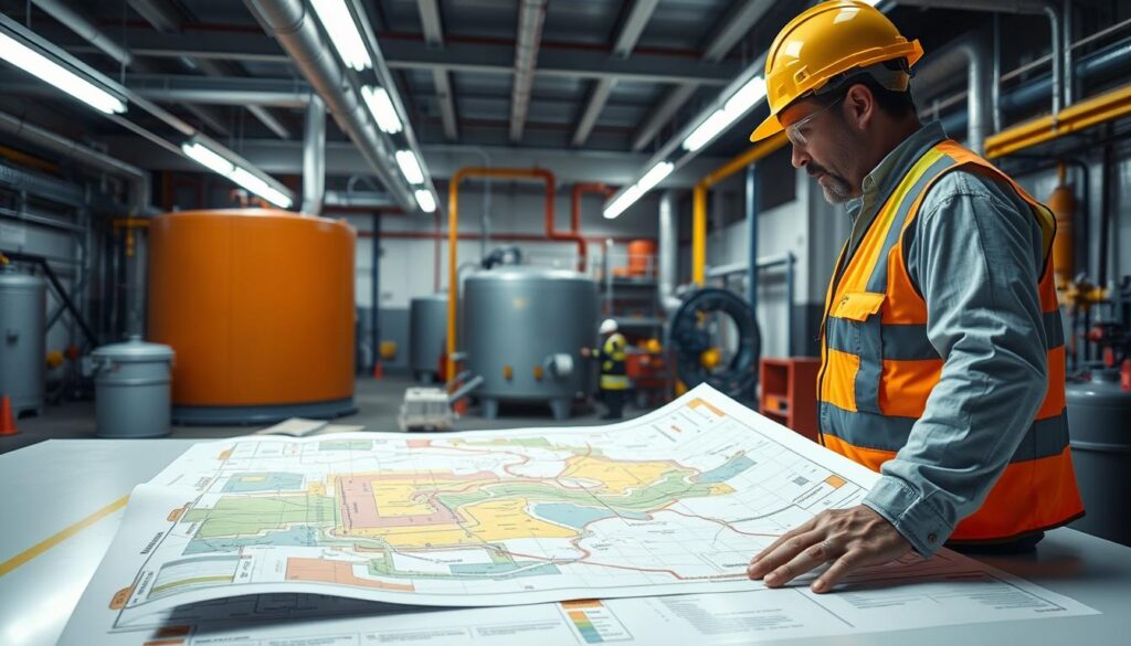 A detailed illustration of confined space safety mapping focused on integrating hazard data into actionable controls. In the foreground, a professional safety engineer, dressed in a hard hat and reflective safety vest, is examining a large, colorful safety map spread out on a table. The middle ground features a well-lit industrial workspace with visible confined spaces like tanks and ducts, with clear markings indicating safety zones and hazards using red, yellow, and green colors. In the background, safety equipment such as gas monitors and harnesses are arranged neatly. Soft fluorescent lighting creates a clean, professional atmosphere, emphasizing safety and compliance. The composition is captured from a slightly elevated angle to provide an overview, highlighting teamwork and safety awareness in a practical setting.