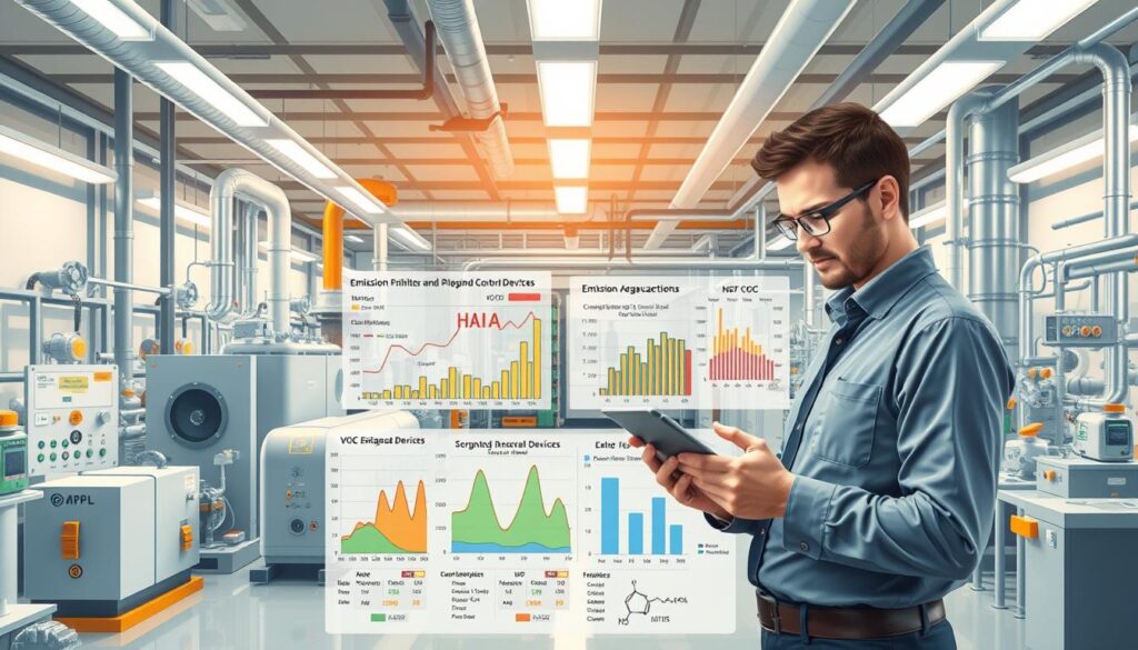 A detailed scientific illustration showcasing emission characterization for control devices in a chemical processing environment. In the foreground, display a professional process engineer in business attire, examining data on a digital tablet, surrounded by an array of control devices such as scrubbers and filters. The middle ground features simplified graphs and charts depicting emissions data, mass balance calculations, and VOC and HAP speciation, all presented as clear, colorful visuals. The background should show a high-tech laboratory filled with equipment, smoke extraction systems, and ventilation, illuminated by soft overhead lighting to create an analytical atmosphere. Use a slightly angled perspective to highlight both the engineer and the technological components, fostering a sense of engagement with the emission analysis process.