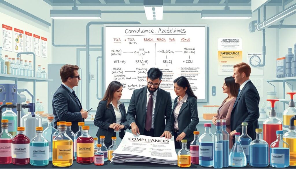 A detailed, vibrant illustration representing regulatory compliance for industrial solvents and azeotropes. In the foreground, a diverse group of professionals in smart business attire are engaged in a discussion over a large document titled "Compliance Guidelines," surrounded by various labeled chemical containers and equipment. In the middle ground, a whiteboard displays complex equations and a visual flowchart depicting TSCA and REACH regulations alongside VOC rules. The background features a modern industrial laboratory setting with glassware, safety equipment, and compliance posters on the walls. Soft, fluorescent lighting illuminates the scene, creating a professional atmosphere, while the angle captures the collaborative spirit among the team as they evaluate safe solvent choices for manufacturing applications.