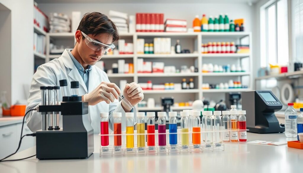 A laboratory setting focused on migration tests for food-contact and pharma-adjacent chemicals. In the foreground, a professional laboratory technician in a white lab coat and safety goggles is carefully setting up various glass vials and test tubes filled with colored liquids. The middle ground features a well-organized lab bench, with equipment such as a refractometer and pH meter, alongside labeled samples awaiting testing. In the background, shelves filled with scientific books, standards, and colorful chemical containers add depth. The lighting is bright and clinical, enhancing the focus on the technician’s meticulous work. Capture the atmosphere of precision and professionalism, emphasizing the importance of compliance and safety in the testing process. A laboratory setting focused on migration tests for food-contact and pharma-adjacent chemicals. In the foreground, a professional laboratory technician in a white lab coat and safety goggles is carefully setting up various glass vials and test tubes filled with colored liquids. The middle ground features a well-organized lab bench, with equipment such as a refractometer and pH meter, alongside labeled samples awaiting testing. In the background, shelves filled with scientific books, standards, and colorful chemical containers add depth. The lighting is bright and clinical, enhancing the focus on the technician’s meticulous work. Capture the atmosphere of precision and professionalism, emphasizing the importance of compliance and safety in the testing process.