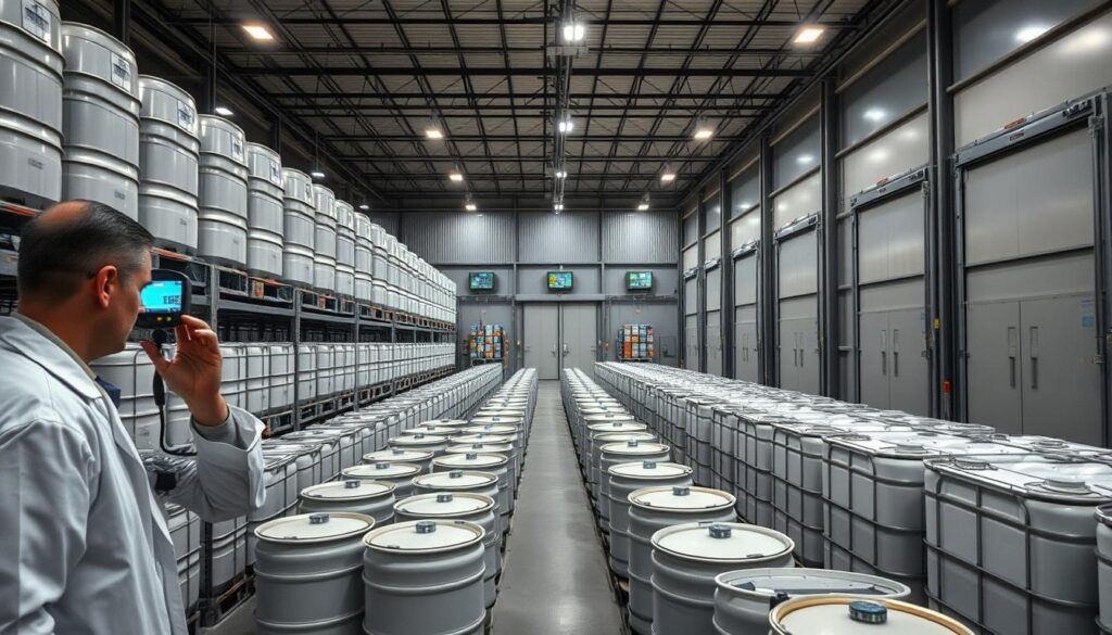 A large temperature control storage warehouse, filled with rows of neatly arranged drums and IBCs (Intermediate Bulk Containers), all organized on metal shelving. The foreground shows a professional in a lab coat inspecting a digital temperature gauge, engaged in quality control. In the middle ground, you see an array of climate-controlled units with visible humidity monitoring screens, indicating precise storage conditions. The background reveals large, sealed doors with bright LED lighting illuminating the aisles, enhancing visibility. The atmosphere is sterile yet functional, emphasizing the importance of temperature and humidity control in storage. The lens focuses sharply on the details of the containers, while the wider shot captures the entire layout of the warehouse, ensuring a sense of order and professionalism.