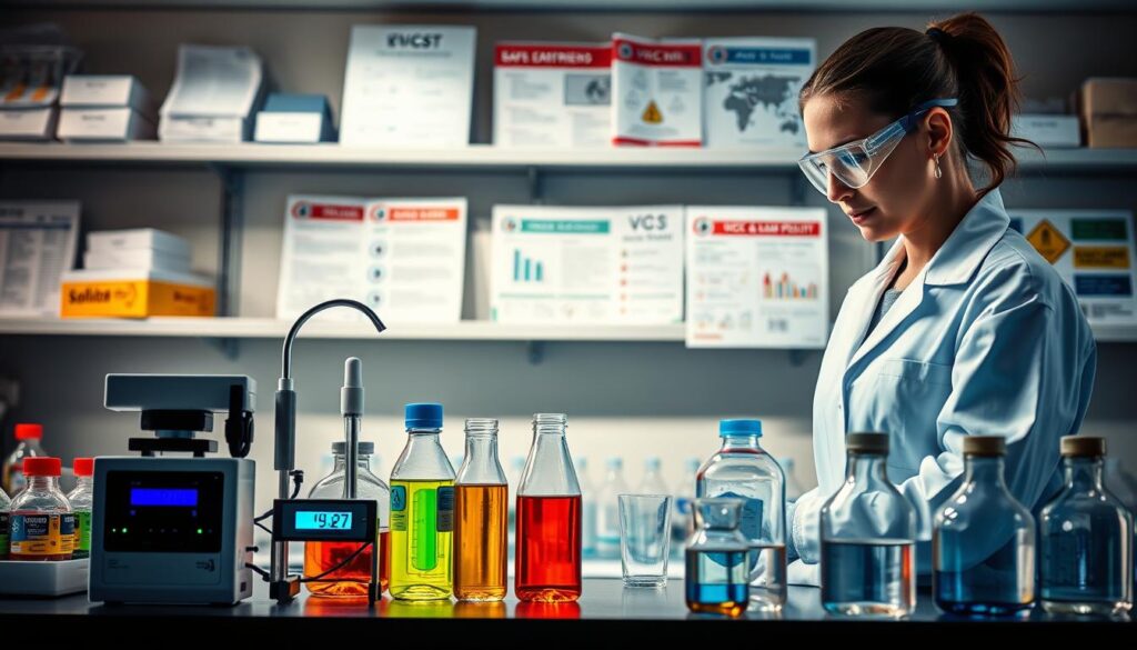 A professional laboratory setting showcasing a solvent safety flash point evaluation. In the foreground, a detailed female chemist in a lab coat, safety goggles, and gloves conducts an experiment with a thermometer and flash point apparatus. The middle ground features labeled glassware and a digital display showing temperature readings, alongside colorful solvents in clear containers. In the background, shelves filled with safety data sheets and informational posters about VOCs and aquatic toxicity create an informative atmosphere. Soft, diffused lighting illuminates the workspace, casting a slight glow on the glassware, while a bright focus on the evaluation area highlights the importance of safety in solvent use. Overall, the scene conveys a mood of professionalism, safety, and meticulous attention to detail.