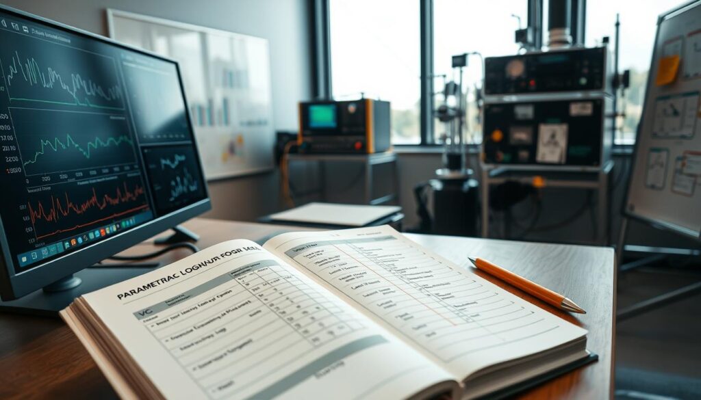 A professional office environment focused on environmental monitoring and recordkeeping. In the foreground, a sleek computer setup displays detailed graphs and data on air quality, showcasing parameters for VOC (Volatile Organic Compounds) and HAP (Hazardous Air Pollutants). In the middle ground, a parametric logbook is open, revealing complex throughput logs and control efficiency proofs, with a ruler and pen next to it for annotation. The background features a whiteboard with charts and notes, an array of CEMS (Continuous Emission Monitoring Systems) equipment configured beside a window. Bright, natural lighting filters through the glass, creating a clean and tech-savvy atmosphere, emphasizing professionalism and precision. The mood is focused and industrious, ideal for process engineers dedicated to compliance and environmental safety.