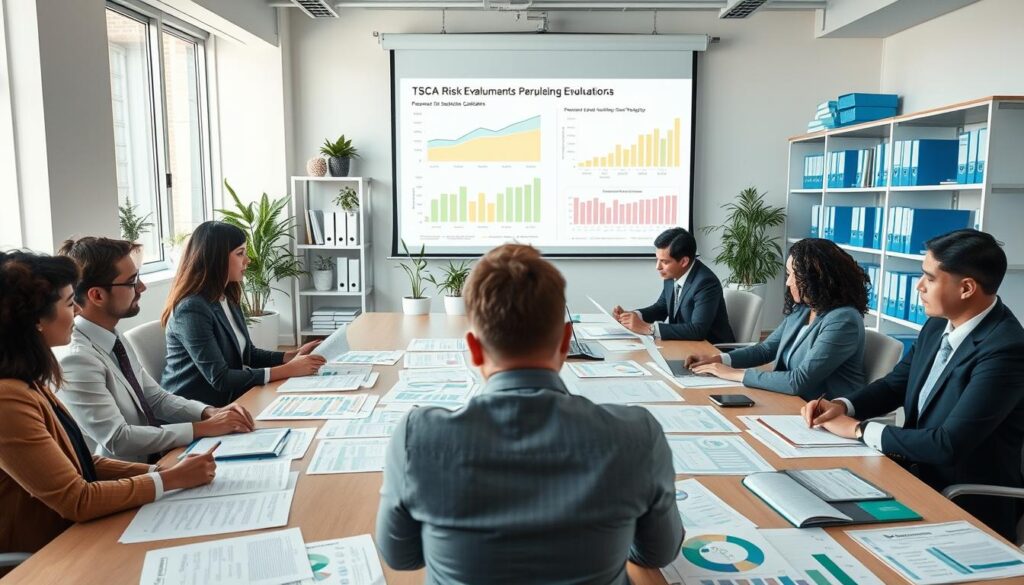 A professional office setting focused on procurement and compliance with regulations like TSCA, depicted in a clean, organized manner. In the foreground, a diverse group of business professionals in formal attire, analyzing documents and spreadsheets on a conference table laden with reports and charts related to chemical safety evaluations. The middle ground features a large projection screen displaying graphs and data on TSCA risk assessments. In the background, shelves filled with binders and regulatory guidelines, along with plants for a touch of greenery. The room is illuminated by soft, natural lighting from large windows, creating an atmosphere of focus and professionalism. A wide-angle lens captures the entire scene, emphasizing collaboration and the importance of regulatory compliance in procurement decisions.