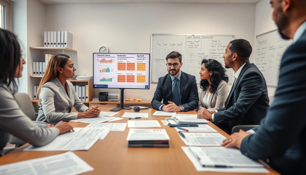 A professional office setting focused on the approval process for grade conversion. In the foreground, a diverse group of three colleagues in professional business attire engages in a discussion around a table covered with various documents, charts, and regulatory forms. In the middle ground, a large monitor displays colorful graphs and checklists illustrating internal quality signoffs and customer notifications. The background features shelves lined with industry-specific reference books and a whiteboard filled with notes on regulatory impacts. Soft, diffused lighting casts a warm glow, creating a collaborative and serious atmosphere, while a slight depth of field adds focus to the engaged group. The angle captures the action from slightly above eye level, providing an overview of the discussion and the documents involved.
