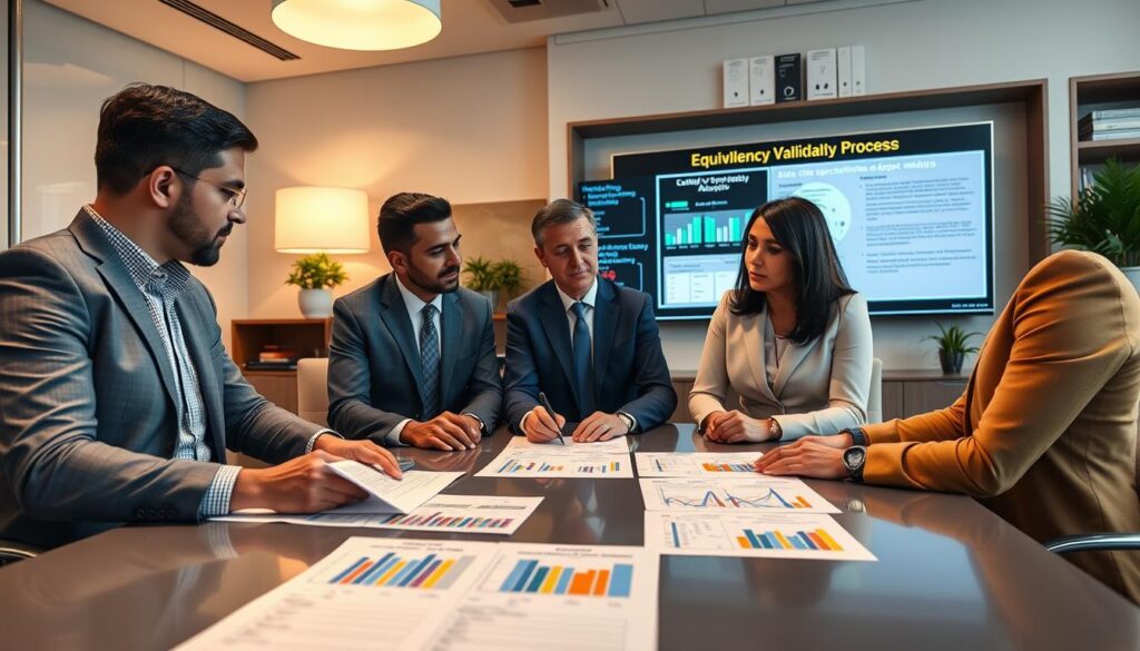 A professional office setting with a focus on an equivalency dossier validation process. In the foreground, a diverse group of three business professionals, two men and one woman, are gathered around a sleek conference table, reviewing detailed documents and charts that showcase side-by-side specifications and method comparability. The documents are filled with colorful graphs representing stability data and Certificates of Analysis trends. The middle ground features a large screen displaying analytical data and a presentation highlighting key equivalency concepts. Soft, warm lighting creates a collaborative atmosphere, while the background shows contemporary office decor, including shelves with technical books and plants. The lens is slightly wide-angle to capture the group's dynamic interaction, conveying a sense of teamwork and focus on compliance in quality assurance.