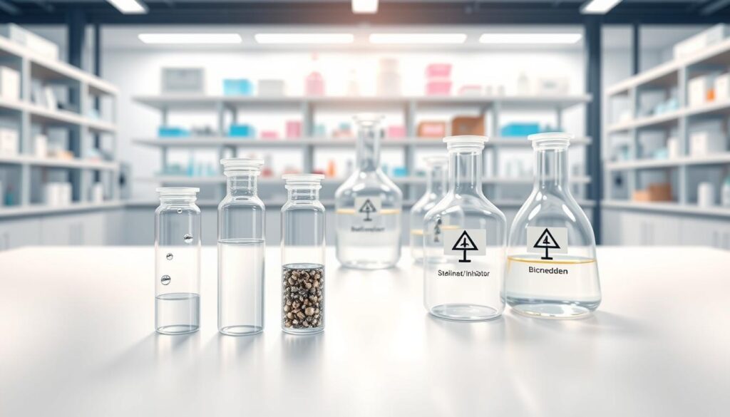 A scientifically informed illustration depicting common chemical impurity classes in an industrial setting. In the foreground, depict a clean laboratory table featuring transparent vials showcasing various impurities: a vial containing moisture droplets, another with residual solvent bubbles, and a third with metallic particles representing trace metals. The middle ground should feature beakers labeled with symbols indicating stabilizers/inhibitors and bioburden, surrounded by a sterile environment. The background should display a clean room with shelves filled with chemical equipment and a subtle focus on light reflecting off surfaces to create a professional atmosphere. Use bright, natural lighting to emphasize clarity and cleanliness, with a slight depth of field to draw focus to the vials and beakers, ensuring a clinical yet inviting mood. No text or distractions present.