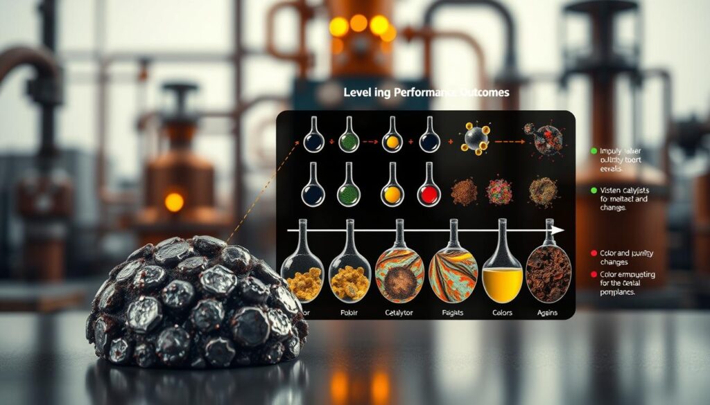 A visually striking diagram illustrating the connection between impurity levels and performance outcomes in industrial chemicals. In the foreground, a stylized representation of a catalyst with visible surface deposits caused by metal impurities, highlighting corrosion and color variations. The middle layer features detailed illustrations of various catalysts, each exhibiting different levels of color and odor changes due to contamination. In the background, a blurred industrial setting with chemical reactors and lab equipment to signify research and development. Use dramatic, soft lighting to create an analytical atmosphere, focusing on the textures of the catalysts and impurities. The overall mood should be serious and informative, inviting viewers to contemplate the importance of purity in performance.