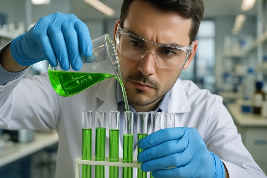 Biomanufactured Sesquiterpenes sample vials beside aerospace fuel testing equipment