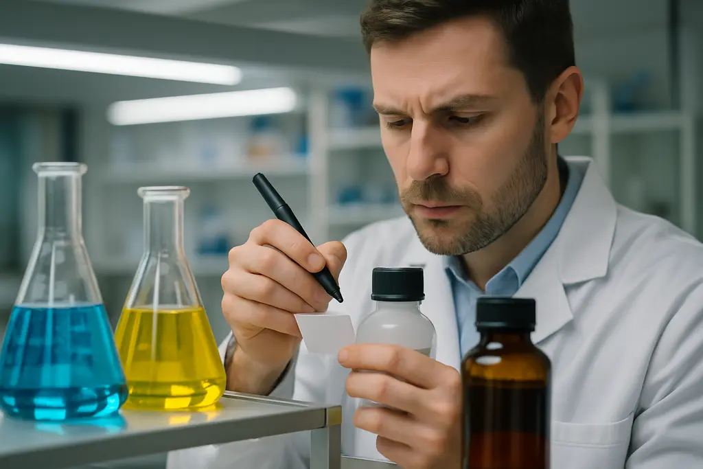 Chemical communication board with SDS binders and labeled containers in a workplace
