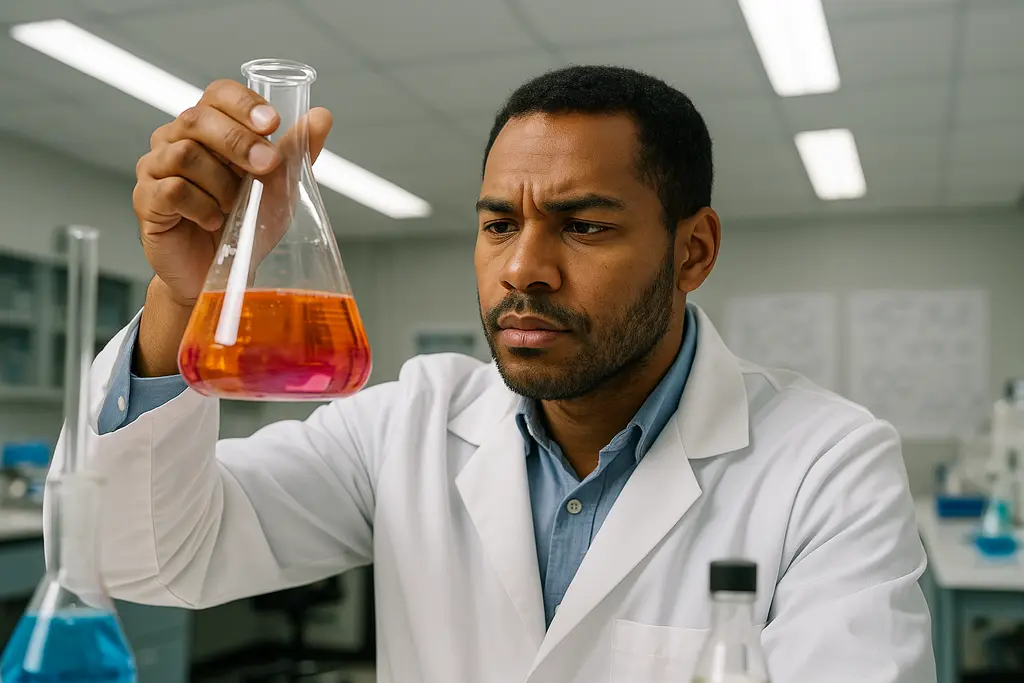 Chemical Industry Outlook chart beside lab samples and production planning notes