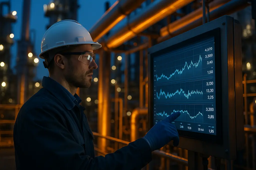 chemical output forecast chart beside samples in an industrial planning office