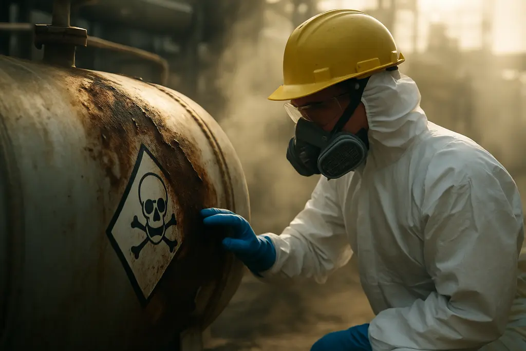 Chemical tank risks shown through industrial storage tanks near containment areas