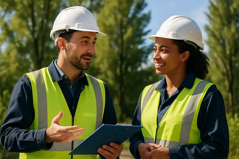 Compliance team reviewing public communication notes near a facility map