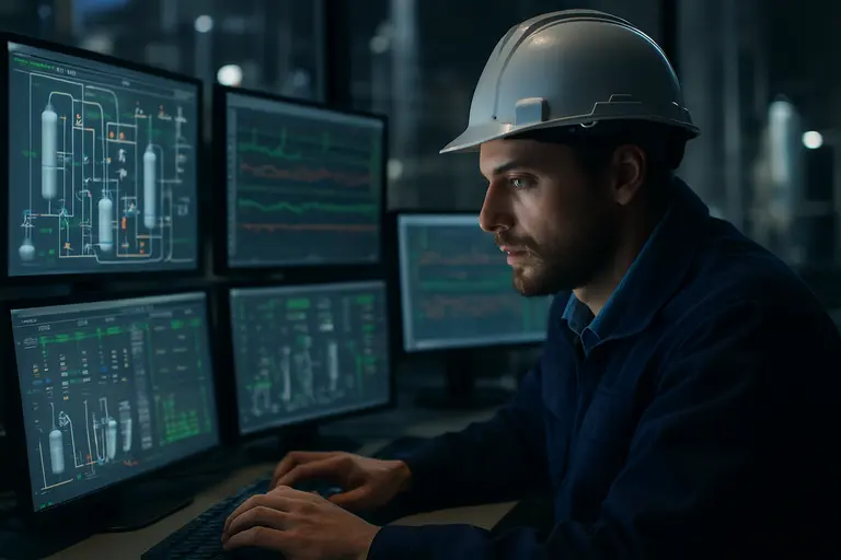 Control room screens monitoring an industrial chemical process