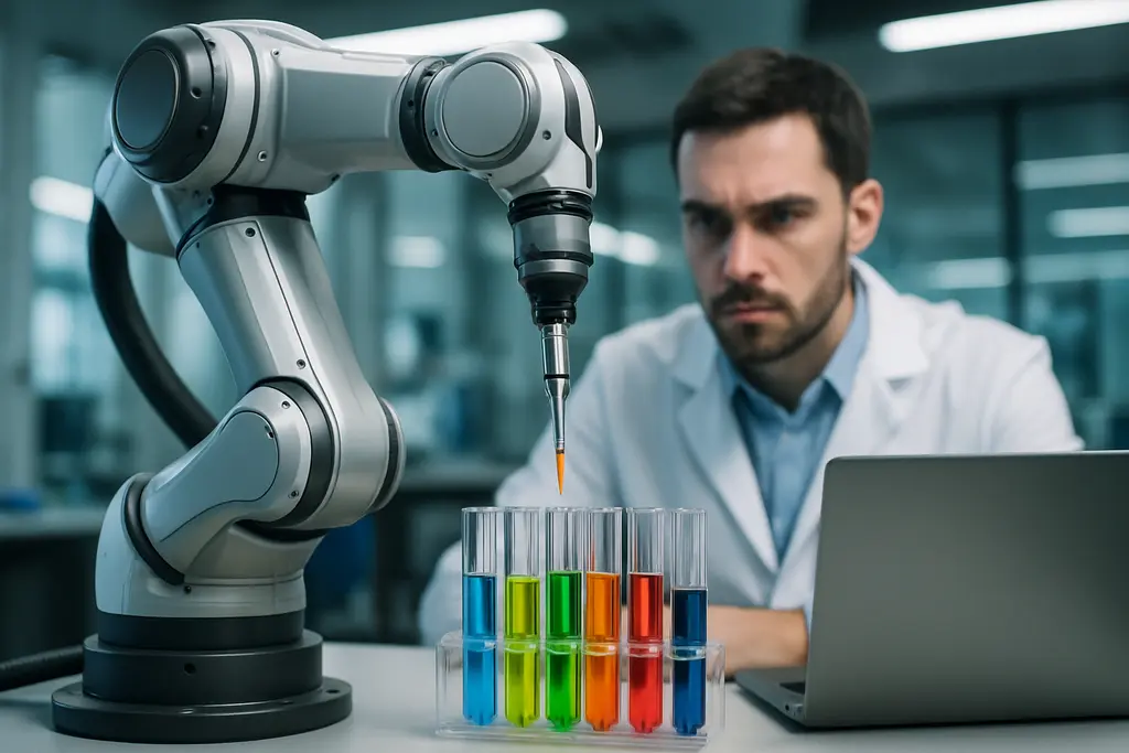Self-Driving Labs equipment with reactors, tubing, and analytical instruments in a chemistry lab