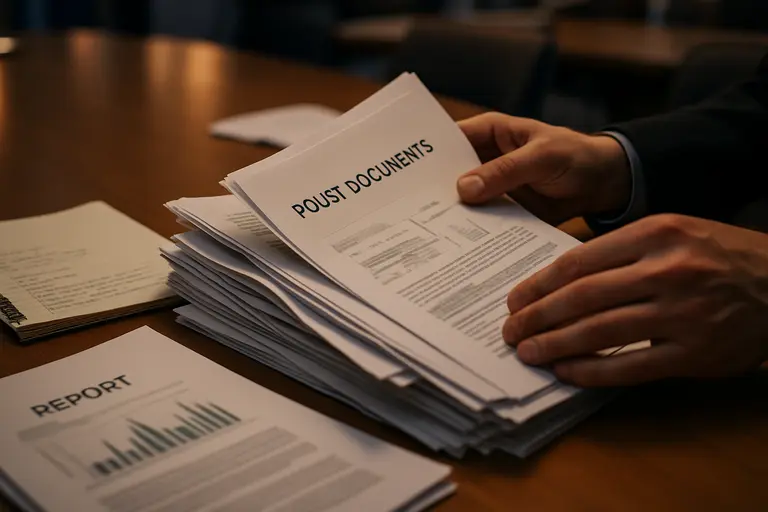 Compliance documents and production records reviewed beside metal samples