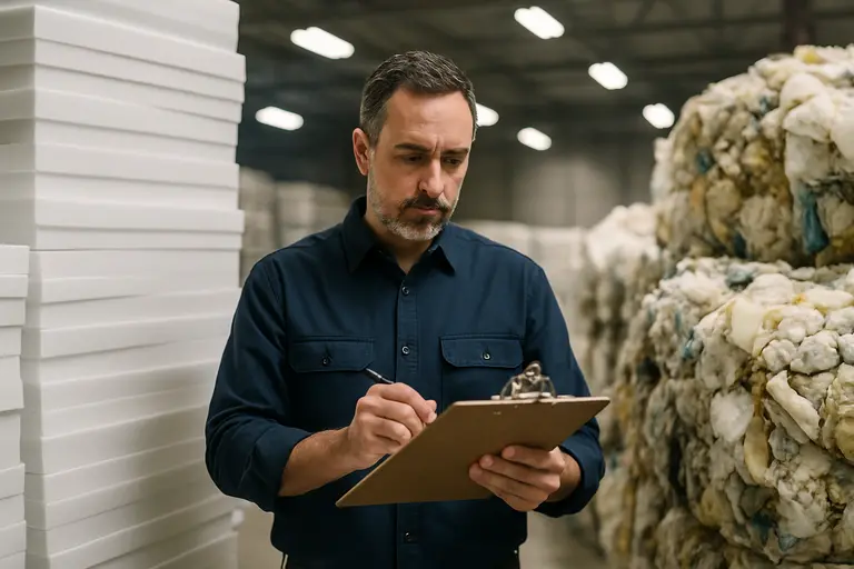 Industrial foam processing area with stacked material samples