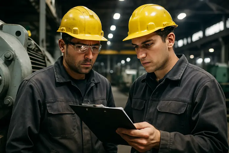 Engineers reviewing site plans near electrical infrastructure