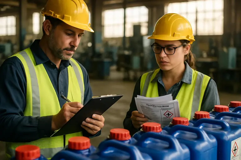 Procurement and compliance staff reviewing chemical documentation at a conference table