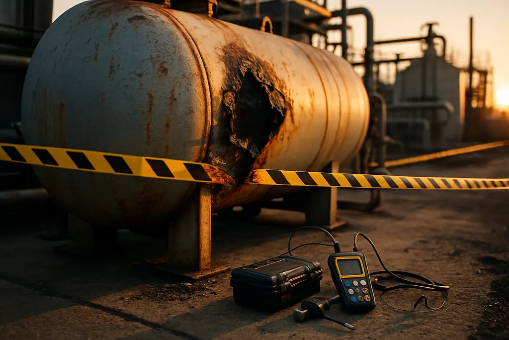chemical tank failure scene with damaged industrial storage area and response barriers