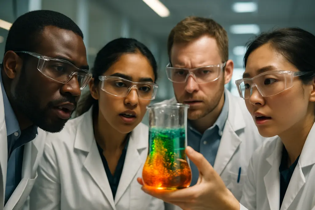 Engineers reviewing clean chemical technologies data near pilot equipment