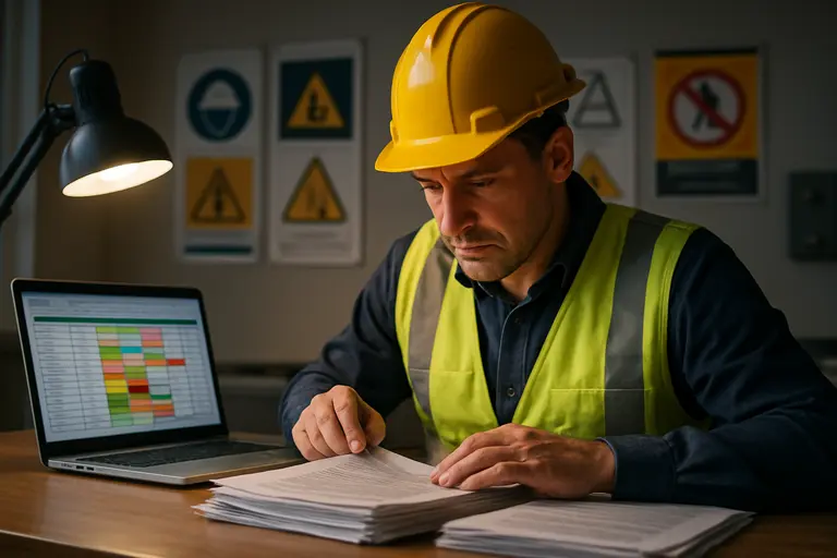 Compliance team reviewing safety records in an industrial control room