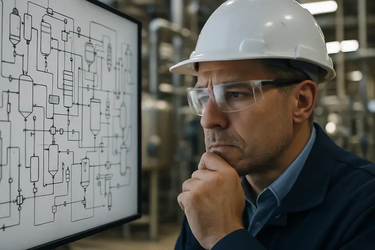 Industrial team reviewing chemical production documents in a meeting room