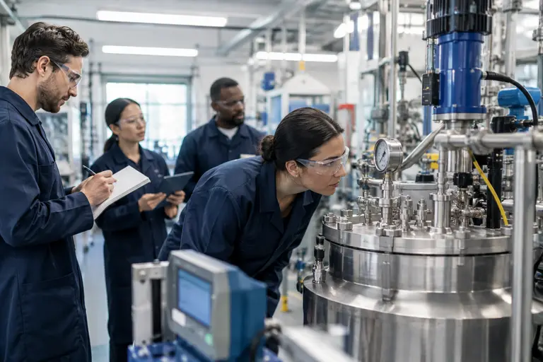 Manufacturing engineer reviewing chemical process equipment in a production area