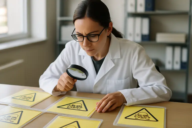 Quality manager reviewing chemical risk documents and data tables